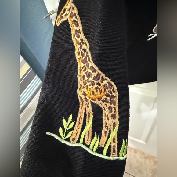 Black Embroidered Jacket w Safari Motifs Animal Print Africa 100% Cotton - Picture 3 of 6